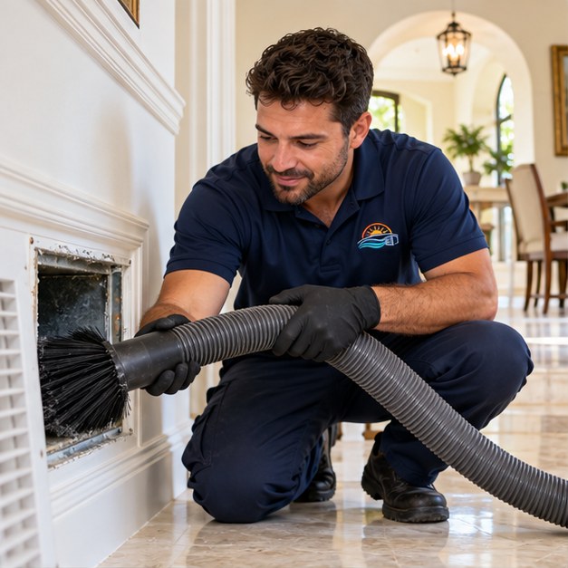 Technician cleaning a return duct in a Coral Gables home