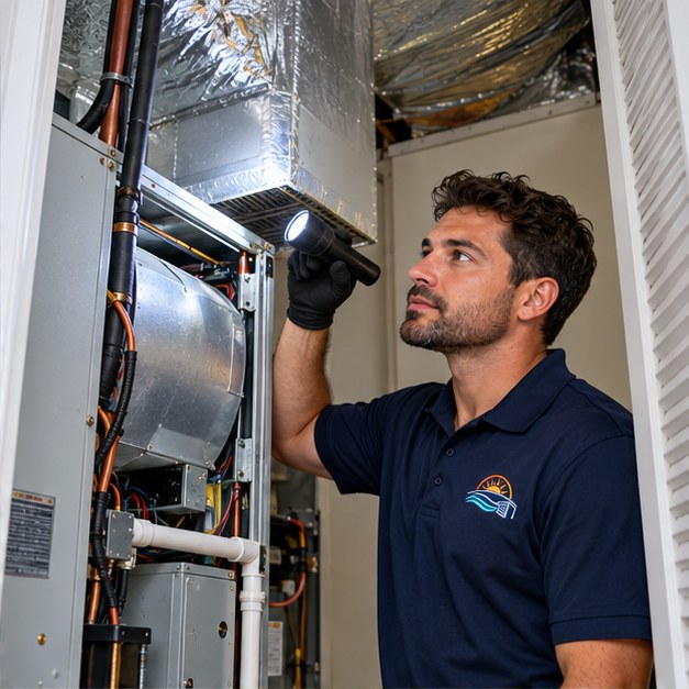 Technician inspecting HVAC ductwork with a flashlight