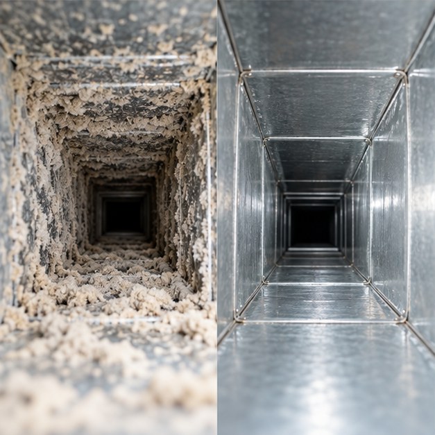 Illustrative before-and-after duct interior comparison