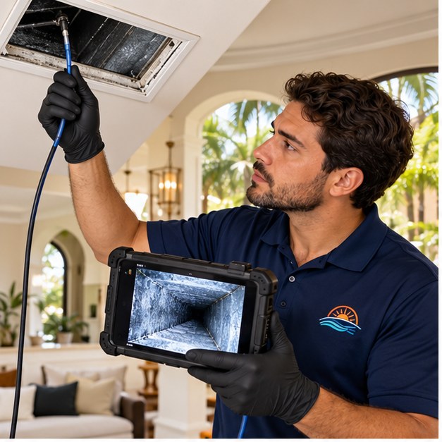 Technician cleaning HVAC ductwork in a home