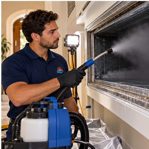 Technician examining an air duct with an inspection light