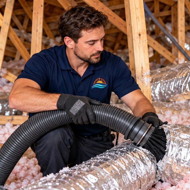 Technician clearing a dryer exhaust line