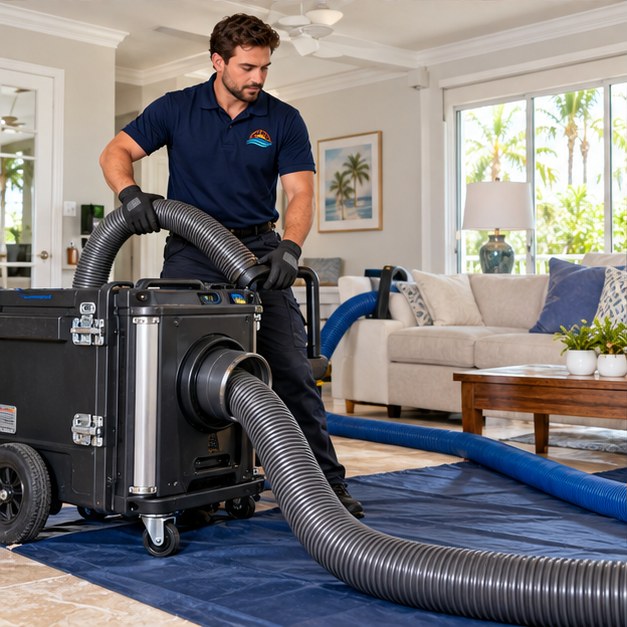Technician cleaning an HVAC component with collection equipment