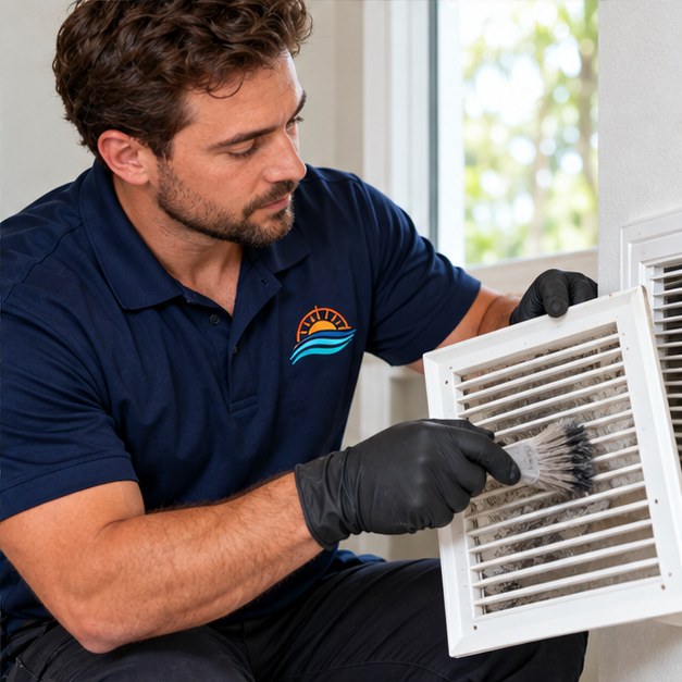 Technician checking the condition of an HVAC filter and return grille