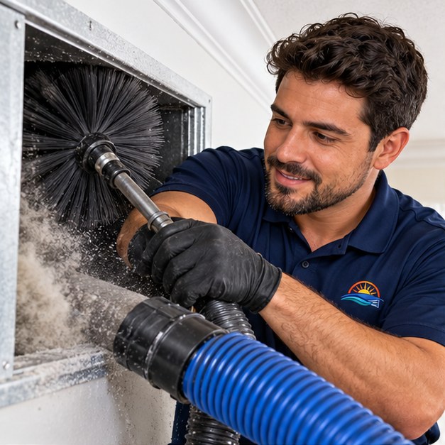 Technician operating an air duct cleaning tool